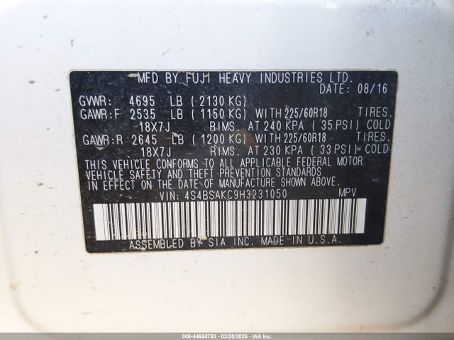 4S4BSAKC9H3231050 Subaru Outback 2.5i Limited