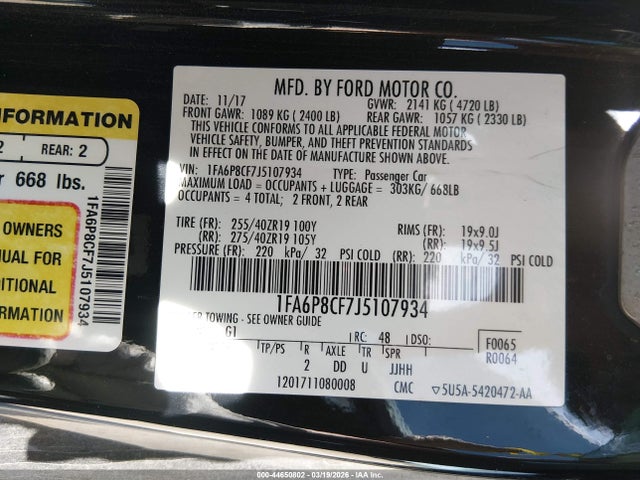 44650802 :رقم المزاد ، 1FA6P8CF7J5107934 vin ، 2018 Ford Mustang Gt Premium مزاد بيع