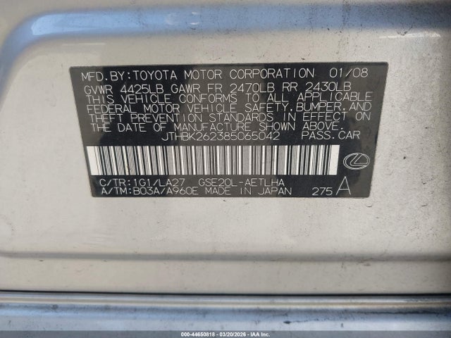 Aukcja sprzedaży 2008 Lexus Is 250, vin: JTHBK262385065042, numer aukcji: 44650818