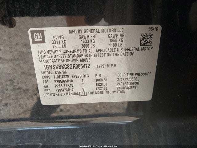 Продаж на аукціоні авто 2016 Chevrolet Tahoe Lt, vin: 1GNSKBKC8GR385472, номер лоту: 44650822