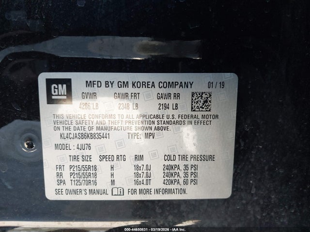 Продажа на аукционе авто 2019 Buick Encore Fwd Preferred, vin: KL4CJASB6KB835441, номер лота: 44650831