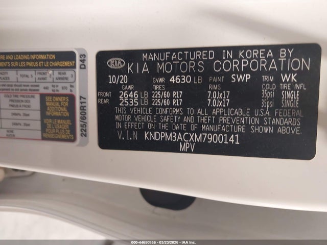 2021 Kia Sportage Lx მანქანა იყიდება აუქციონზე, vin: KNDPM3ACXM7900141, აუქციონის ნომერი: 44650856