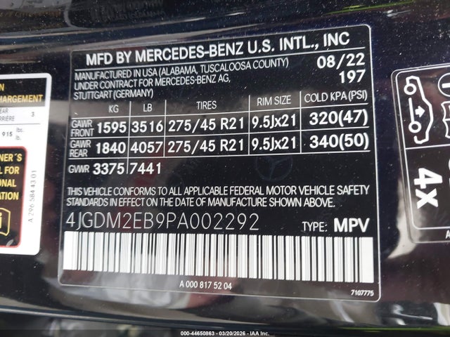 Aukcja sprzedaży 2023 Mercedes-benz Eqs 450 Suv 4matic, vin: 4JGDM2EB9PA002292, numer aukcji: 44650863
