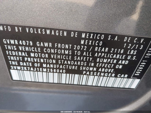 44650895 :رقم المزاد ، 3VW2K7AJ1EM256040 vin ، 2014 Volkswagen Jetta 2.0l S مزاد بيع