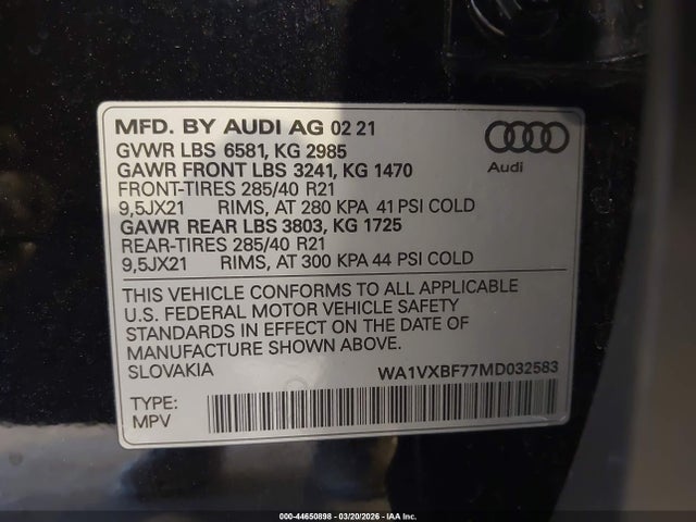 WA1VXBF77MD032583 Audi Q7 Prestige 55 Tfsi Quattro Tiptronic