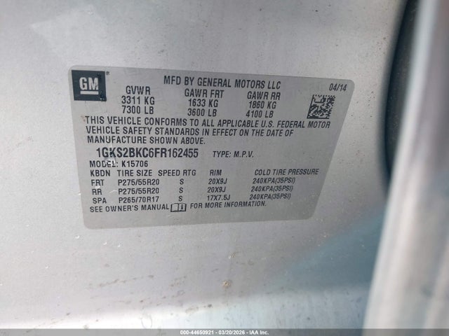 44650921 :رقم المزاد ، 1GKS2BKC6FR162455 vin ، 2015 Gmc Yukon Slt مزاد بيع