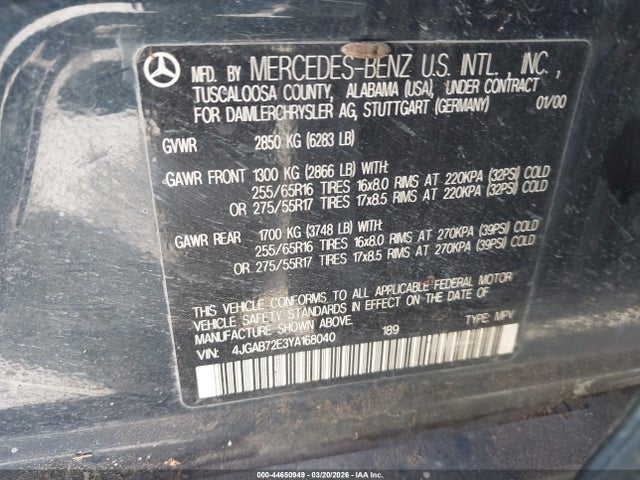 2000 Mercedes-benz Ml 430 მანქანა იყიდება აუქციონზე, vin: 4JGAB72E3YA168040, აუქციონის ნომერი: 44650949