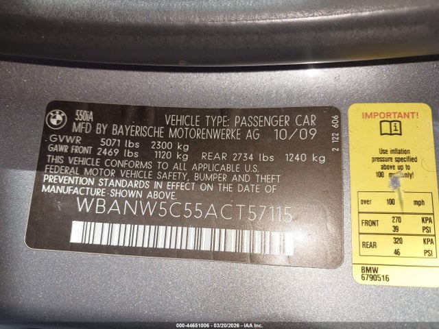 2010 BMW 550I WBANW5C55ACT57115 Photo 8