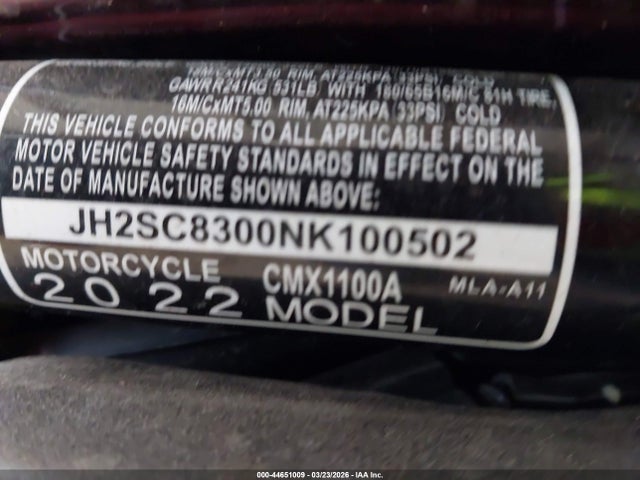 44651009 :رقم المزاد ، JH2SC8300NK100502 vin ، 2022 Honda Cmx1100 A مزاد بيع