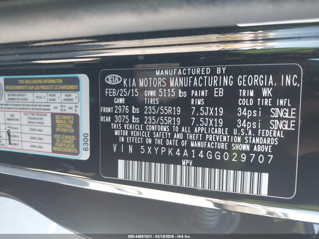 5XYPK4A14GG029707 KIA Sorento 2.0t Sxl