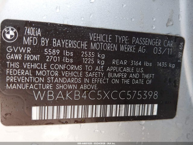 44651028 :رقم المزاد ، WBAKB4C5XCC575398 vin ، 2012 Bmw 740li مزاد بيع