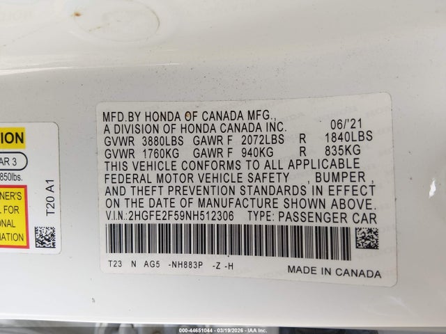 2022 Honda Civic Sport მანქანა იყიდება აუქციონზე, vin: 2HGFE2F59NH512306, აუქციონის ნომერი: 44651044