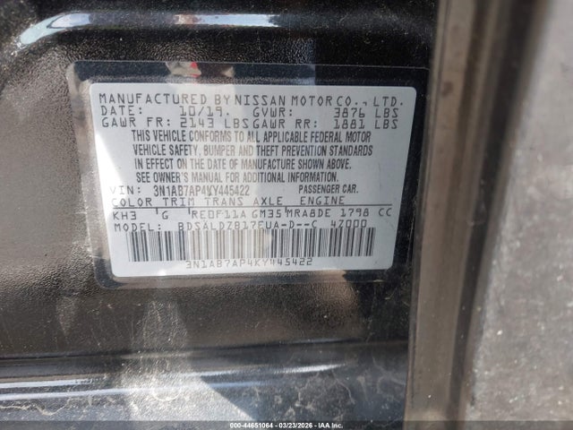 44651064 :رقم المزاد ، 3N1AB7AP4KY445422 vin ، 2019 Nissan Sentra Sv مزاد بيع