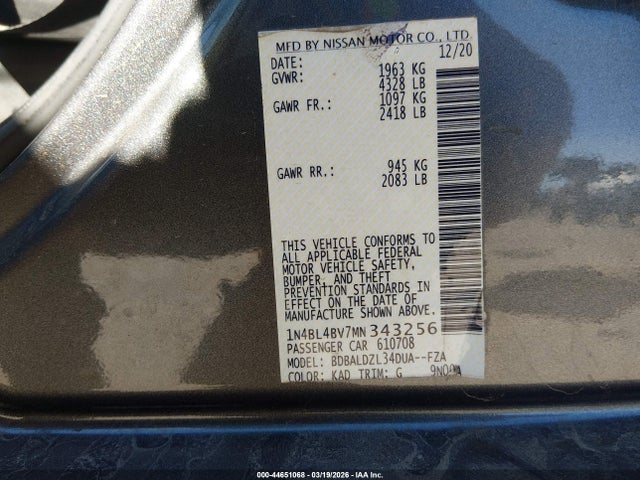 Aukcja sprzedaży 2021 Nissan Altima S Fwd, vin: 1N4BL4BV7MN343256, numer aukcji: 44651068
