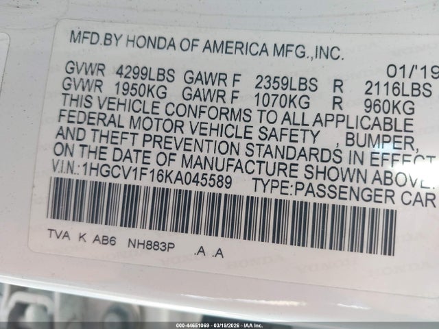 Honda ACCORD LX 2019 1HGCV1F16KA045589 Image 9