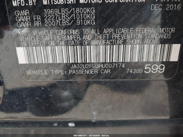 Aukcja sprzedaży 2017 Mitsubishi Lancer Es, vin: JA32U2FU3HU007174, numer aukcji: 44651071