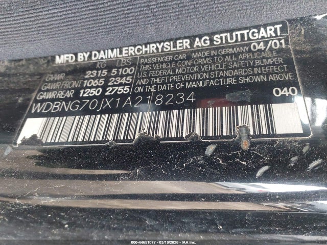 Aukcja sprzedaży 2001 Mercedes-benz S 430, vin: WDBNG70JX1A218234, numer aukcji: 44651077