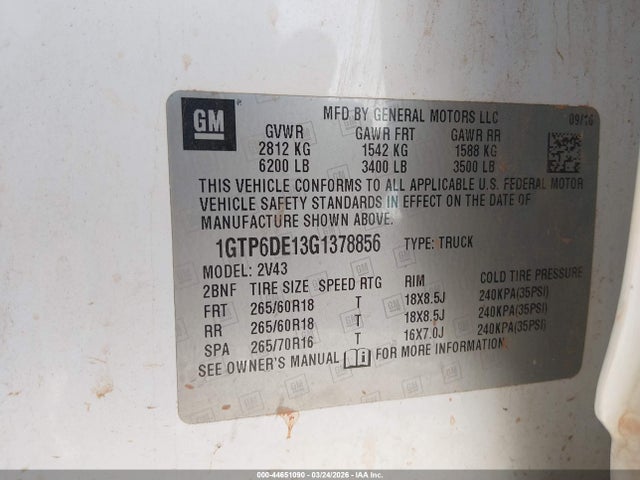 Auction sale of the 2016 Gmc Canyon Slt, vin: 1GTP6DE13G1378856, lot number: 44651090