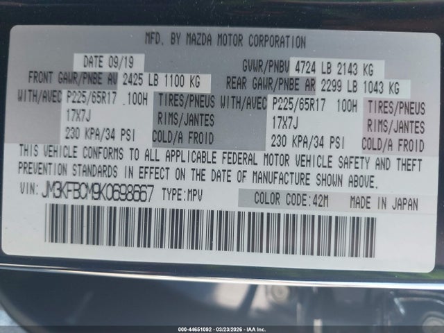 44651092 :رقم المزاد ، JM3KFBCM9K0698667 vin ، 2019 Mazda Cx-5 Touring مزاد بيع
