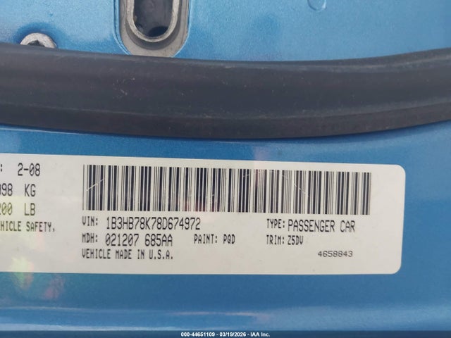 44651109 :رقم المزاد ، 1B3HB78K78D674972 vin ، 2008 Dodge Caliber R/t مزاد بيع