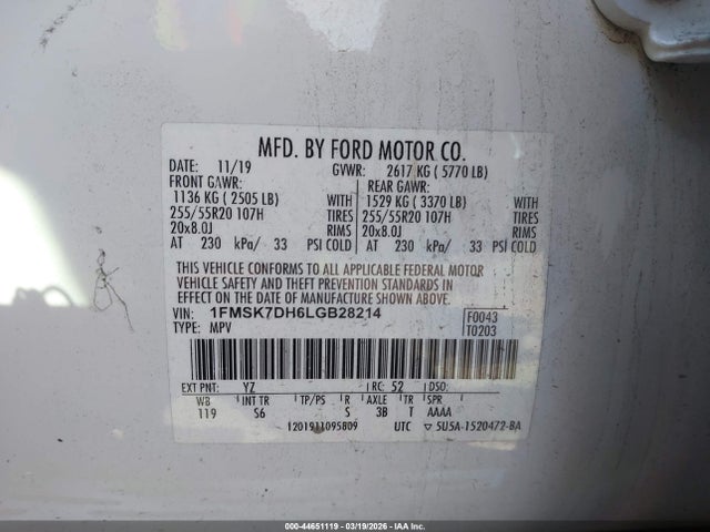 Aukcja sprzedaży 2020 Ford Explorer Xlt, vin: 1FMSK7DH6LGB28214, numer aukcji: 44651119