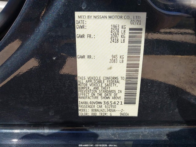 2021 Nissan Altima Sv Fwd მანქანა იყიდება აუქციონზე, vin: 1N4BL4DV0MN365421, აუქციონის ნომერი: 44651141
