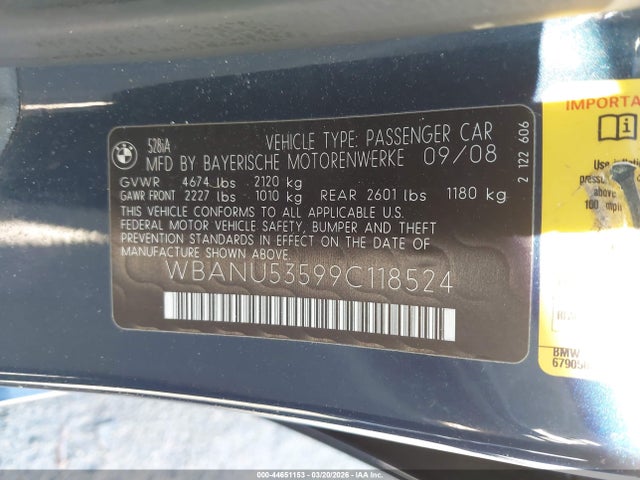 2009 Bmw 528i მანქანა იყიდება აუქციონზე, vin: WBANU53599C118524, აუქციონის ნომერი: 44651153