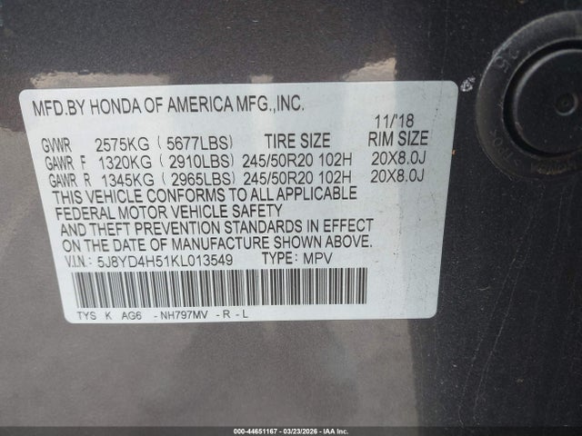 Продажа на аукционе авто 2019 Acura Mdx Tech Pkg, vin: 5J8YD4H51KL013549, номер лота: 44651167