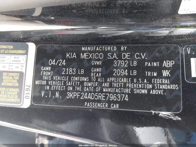 2024 Kia Forte Lxs მანქანა იყიდება აუქციონზე, vin: 3KPF24AD5RE796374, აუქციონის ნომერი: 44651193