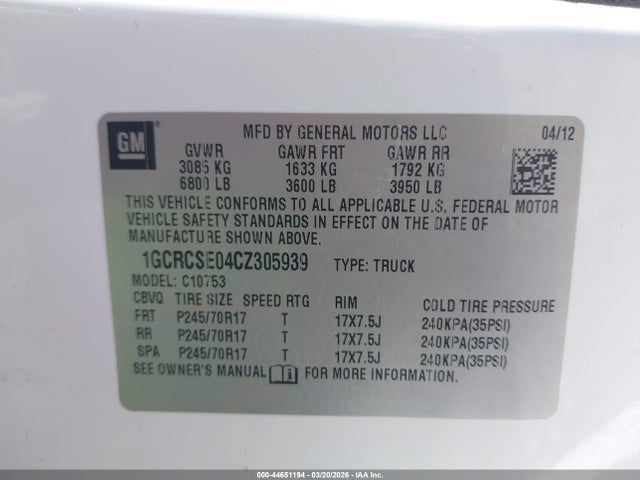 Aukcja sprzedaży 2012 Chevrolet Silverado 1500 Lt, vin: 1GCRCSE04CZ305939, numer aukcji: 44651194