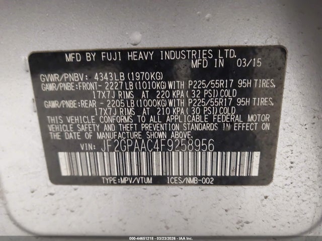 Aukcja sprzedaży 2015 Subaru Xv Crosstrek 2.0i, vin: JF2GPAAC4F9258956, numer aukcji: 44651218