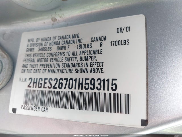 2001 HONDA CIVIC 2HGES26701H593115 Photo 8