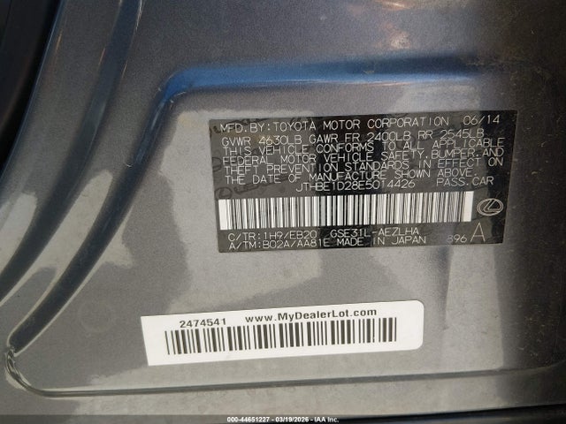 Aukcja sprzedaży 2014 Lexus Is 350, vin: JTHBE1D28E5014426, numer aukcji: 44651227