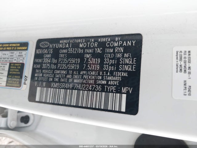 Продажа на аукционе авто 2017 Hyundai Santa Fe Limited Ultimate, vin: KM8SR4HF7HU224736, номер лота: 44651237