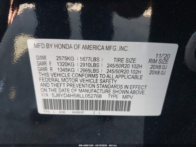 Продаж на аукціоні авто 2020 Acura Mdx Technology Package, vin: 5J8YD4H58LL052768, номер лоту: 44651245