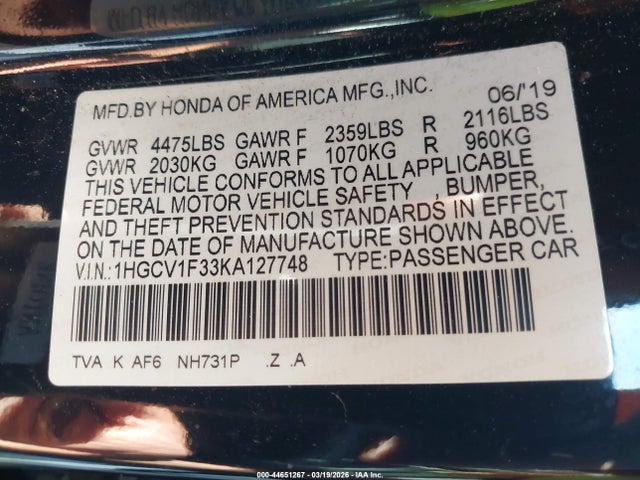 1HGCV1F33KA127748 Honda Accord Sport