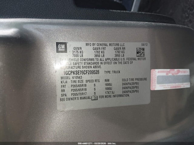 Продажа на аукционе авто 2012 Chevrolet Silverado 1500 Lt, vin: 1GCPKSE76CF209528, номер лота: 44651271