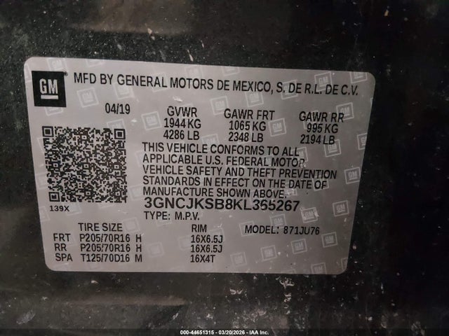 Aukcja sprzedaży 2019 Chevrolet Trax Ls, vin: 3GNCJKSB8KL365267, numer aukcji: 44651315