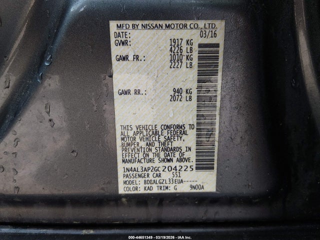 Продаж на аукціоні авто 2016 Nissan Altima 2.5 S, vin: 1N4AL3AP2GC204225, номер лоту: 44651349