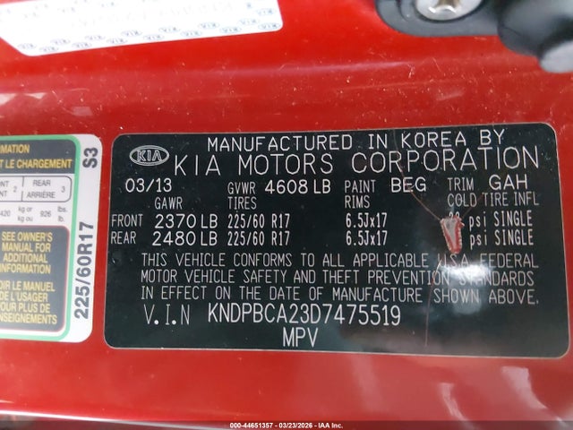 Продажа на аукционе авто 2013 Kia Sportage Lx, vin: KNDPBCA23D7475519, номер лота: 44651357