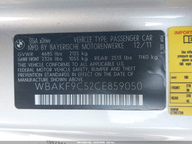 2012 BMW 335I WBAKF9C52CE859050 Photo 8