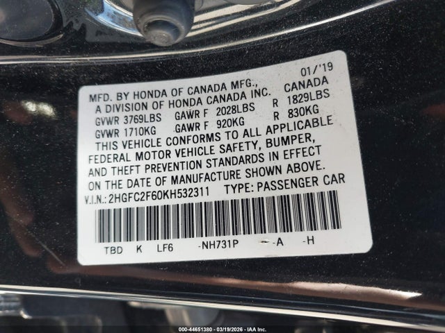 Honda Civic Lx 2019 2HGFC2F60KH532311 Image 9