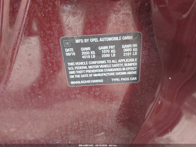 44651442 :رقم المزاد ، W04GL6SX4K1008502 vin ، 2019 Buick Regal Sportback Fwd Preferred مزاد بيع