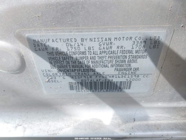 Aukcja sprzedaży 2015 Nissan Versa 1.6 S, vin: 3N1CN7AP1FL820752, numer aukcji: 44651459