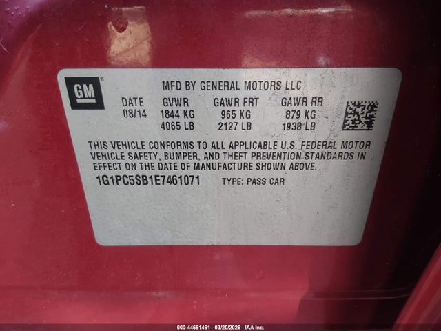 44651461 :رقم المزاد ، 1G1PC5SB1E7461071 vin ، 2014 Chevrolet Cruze 1lt Auto مزاد بيع