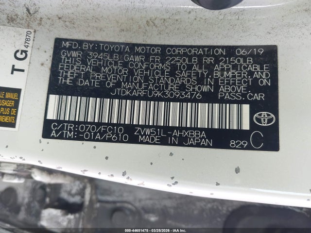 2019 TOYOTA PRIUS JTDKARFU9K3093476 Photo 8