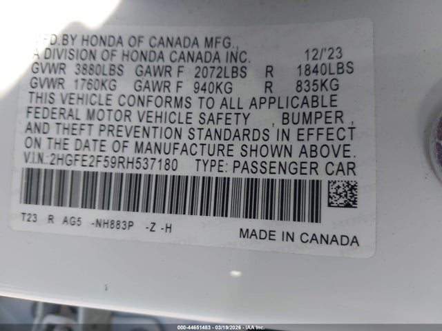 2HGFE2F59RH537180 Honda Civic Sport