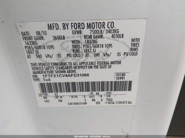 Aukcja sprzedaży 2010 Ford F-150 Fx2 Sport/lariat/xl/xlt, vin: 1FTFX1CV4AFD31066, numer aukcji: 44651488