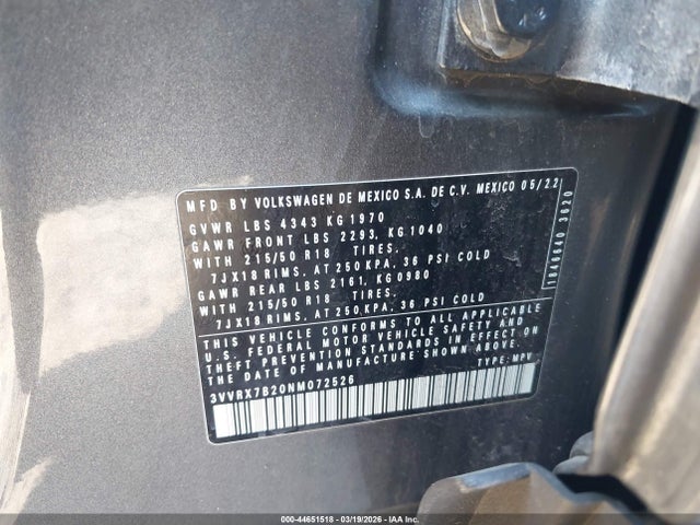 Продаж на аукціоні авто 2022 Volkswagen Taos 1.5t Se, vin: 3VVRX7B20NM072526, номер лоту: 44651518