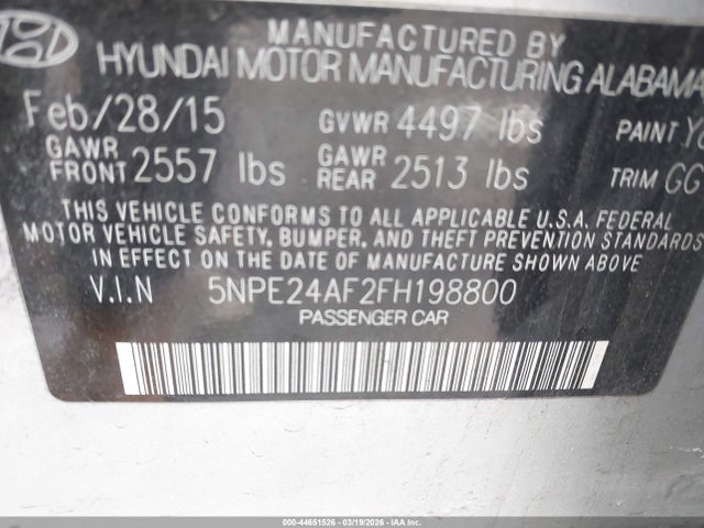 44651526 :رقم المزاد ، 5NPE24AF2FH198800 vin ، 2015 Hyundai Sonata Se مزاد بيع